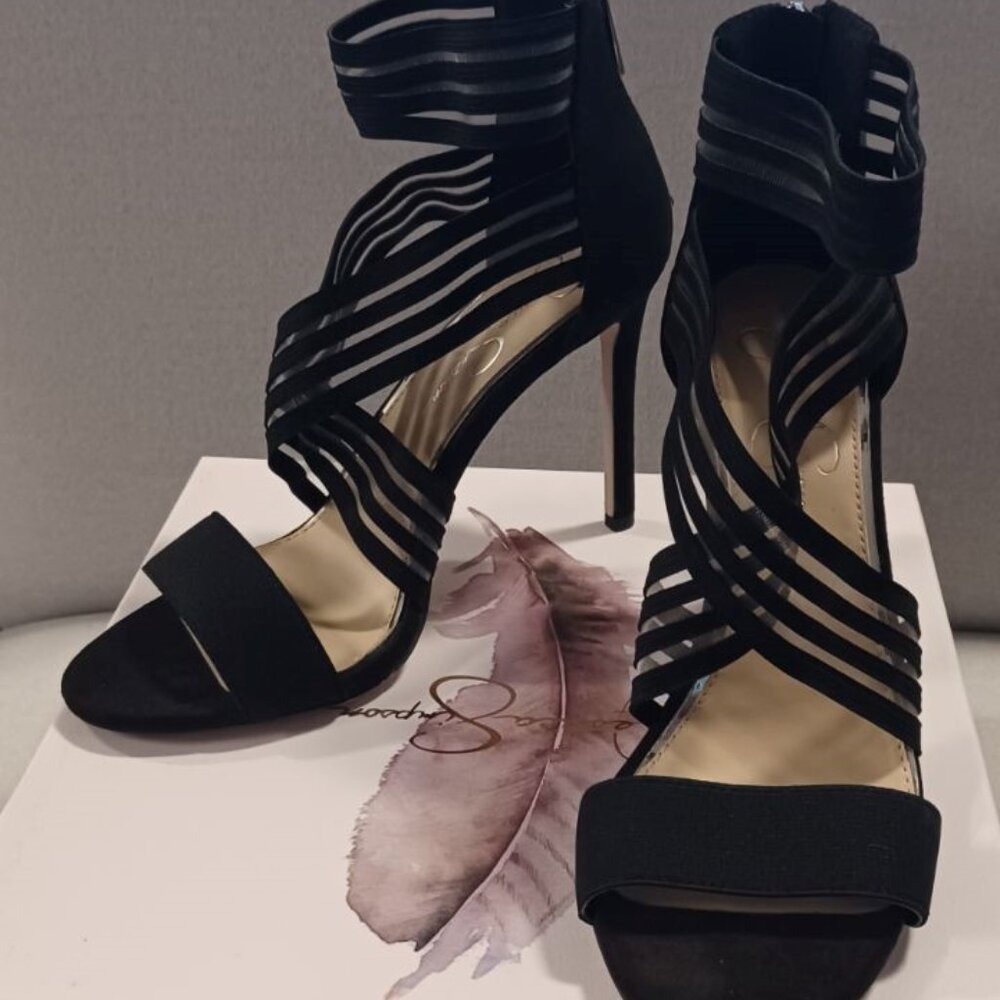Jessica Simpson Jivero Black Faux Suede Strappy High Heel Sandals Shoes 8M